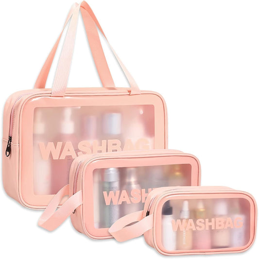 BRXOO Wash Bag Pouch for Travel Kit Toiletry Bag Nylon Cosmetic Bag Make Up Box for Brushes, Accessories with Handle, Large Capacity Translucent Waterproof Travel Storage Organizer Set of 3 (Pink)