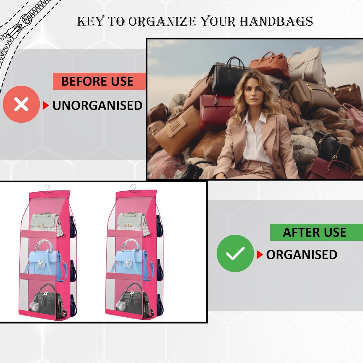 BRXOO Hanging Handbag Purse Organizer (6 Pocket- 1 Pcs-Pink)